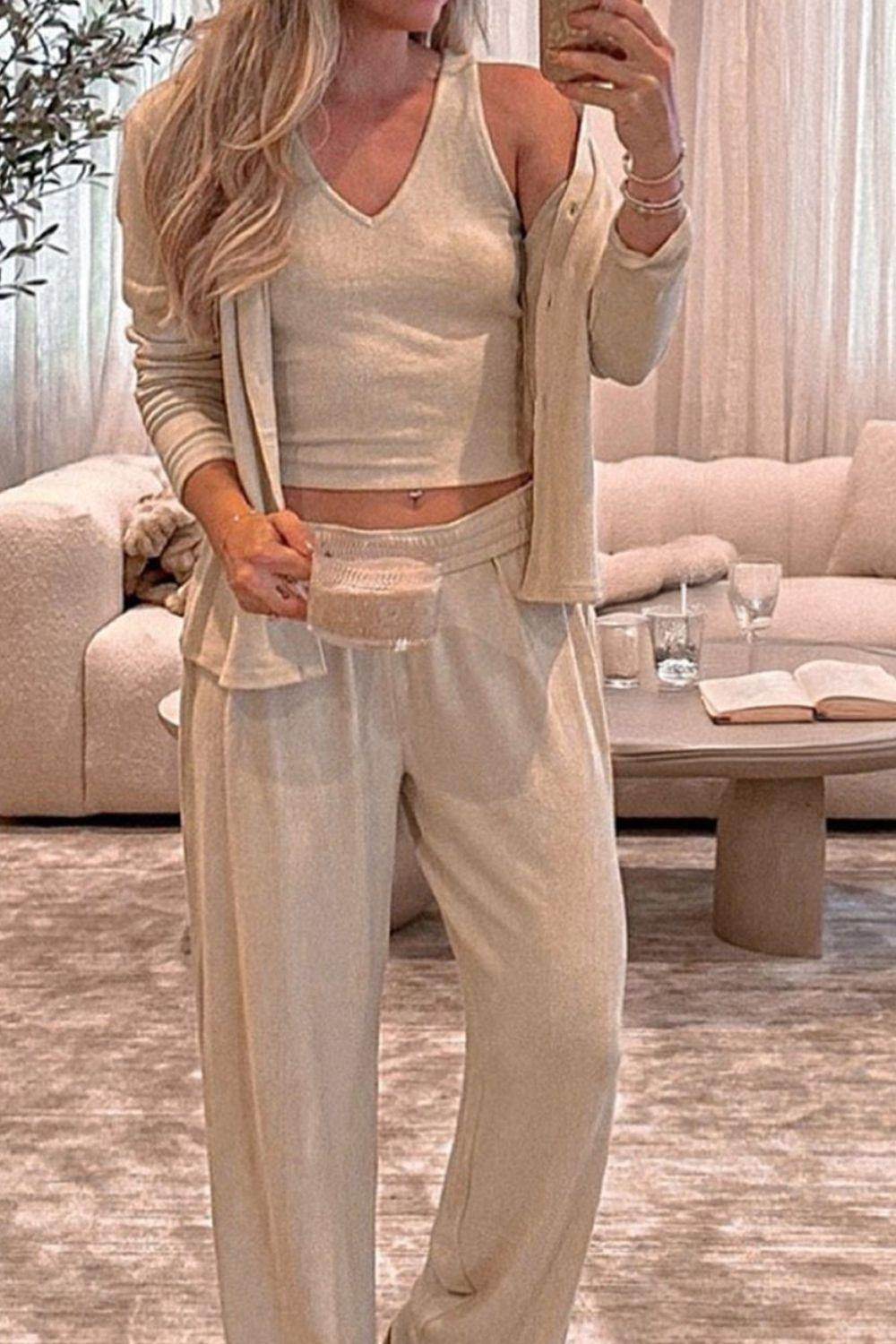 V-Neck Tank, Open Front Cardigan and Pants Lounge Set - Selvanelle