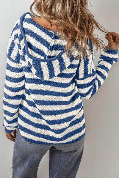 Drawstring Striped Long Sleeve Hooded Sweater for Women - Selvanelle