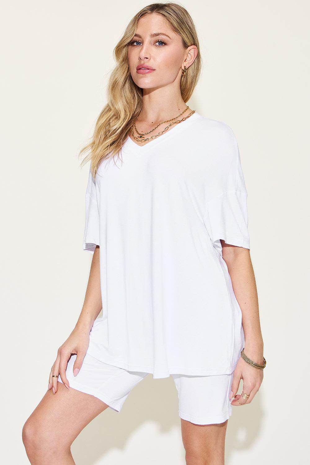 Basic Bae Full Size V-Neck Drop Shoulder T-Shirt Set - Selvanelle