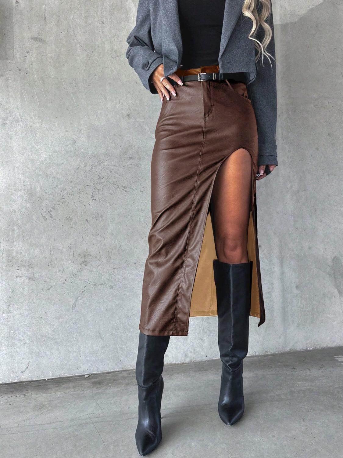 Slit Midi Skirt with Pockets for Chic Everyday Style - Selvanelle