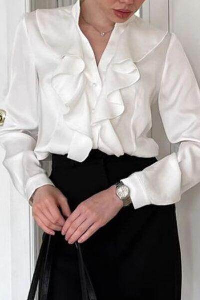 Ruffled Notched Long Sleeve Shirt for Women Stylish Fashion - Selvanelle