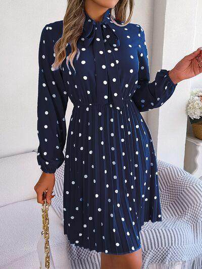 Polka Dot Tie Neck Pleated Dress for Stylish Occasions - Selvanelle