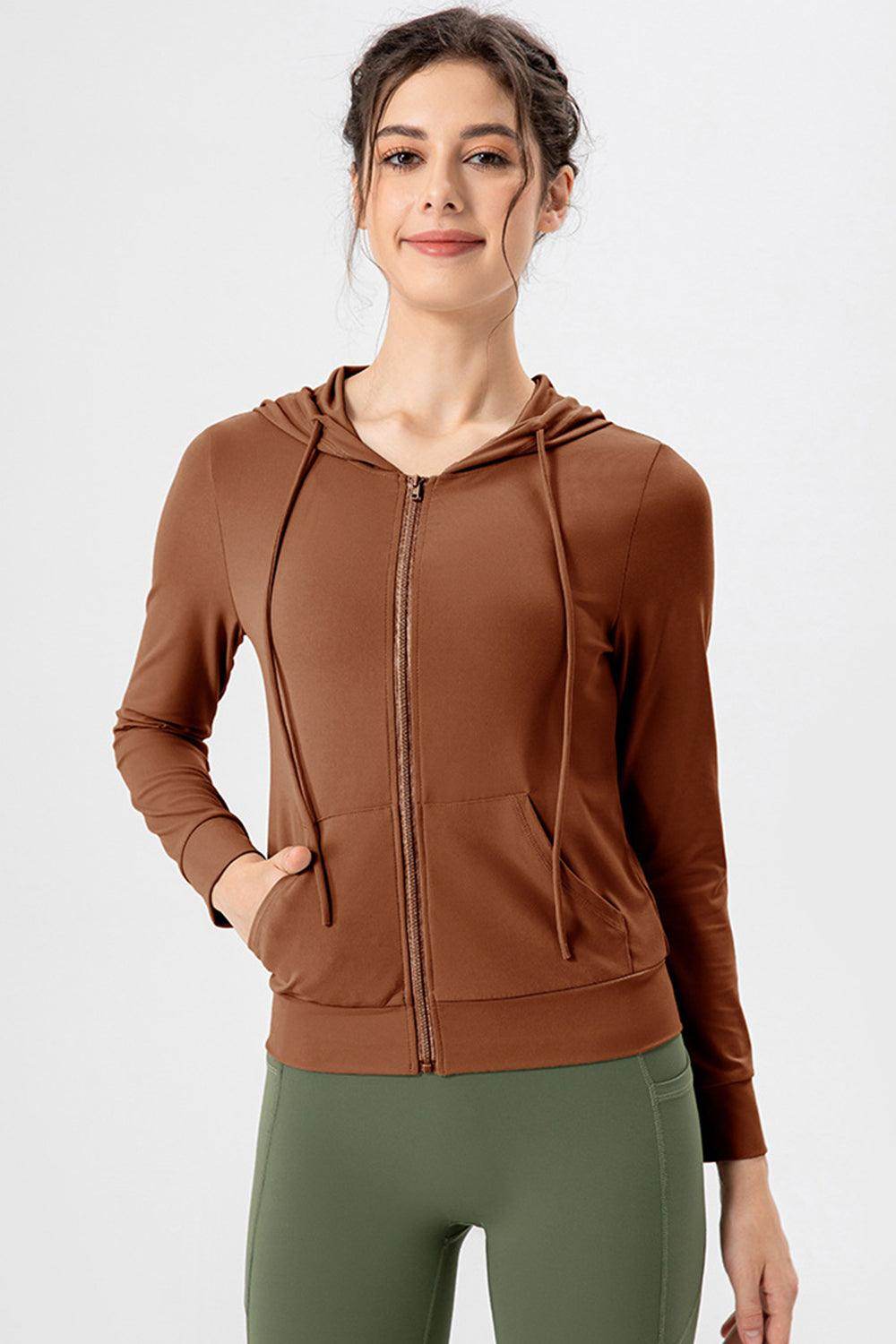 Drawstring Zip Up Hooded Active Outerwear for Women - Selvanelle