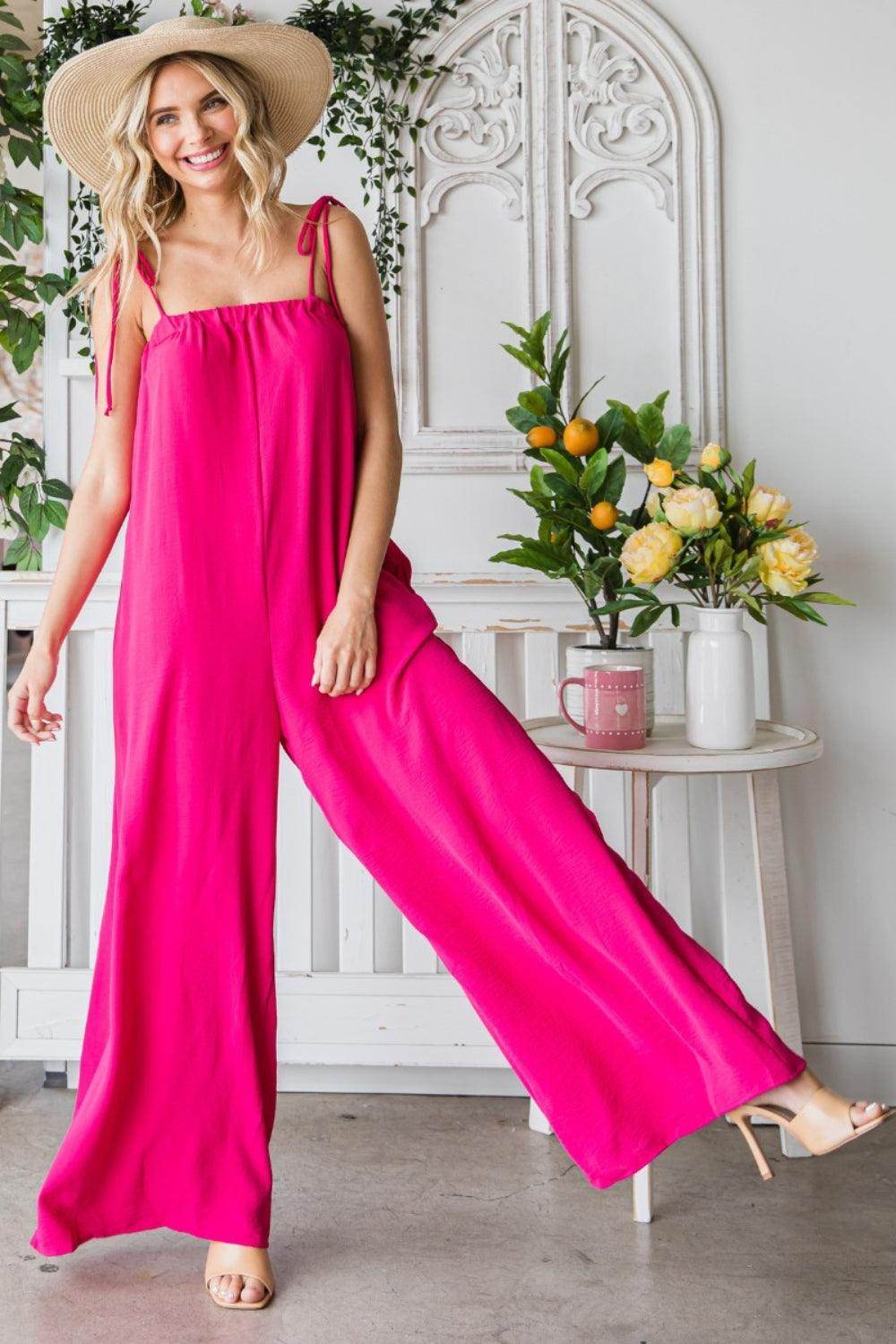 Veveret Pocketed Spaghetti Strap Wide Leg Jumpsuit for Women - Selvanelle