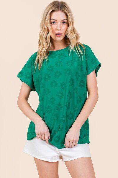 BOMBOM Textured Floral Pattern Short Sleeve T-Shirt for Women - Selvanelle