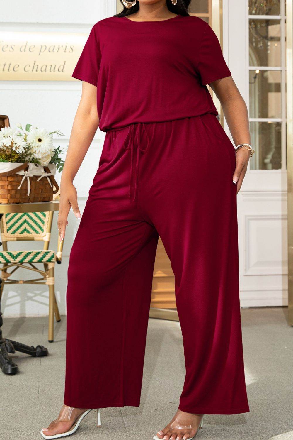 Plus Size Drawstring Waist Short Sleeve Jumpsuit - Selvanelle