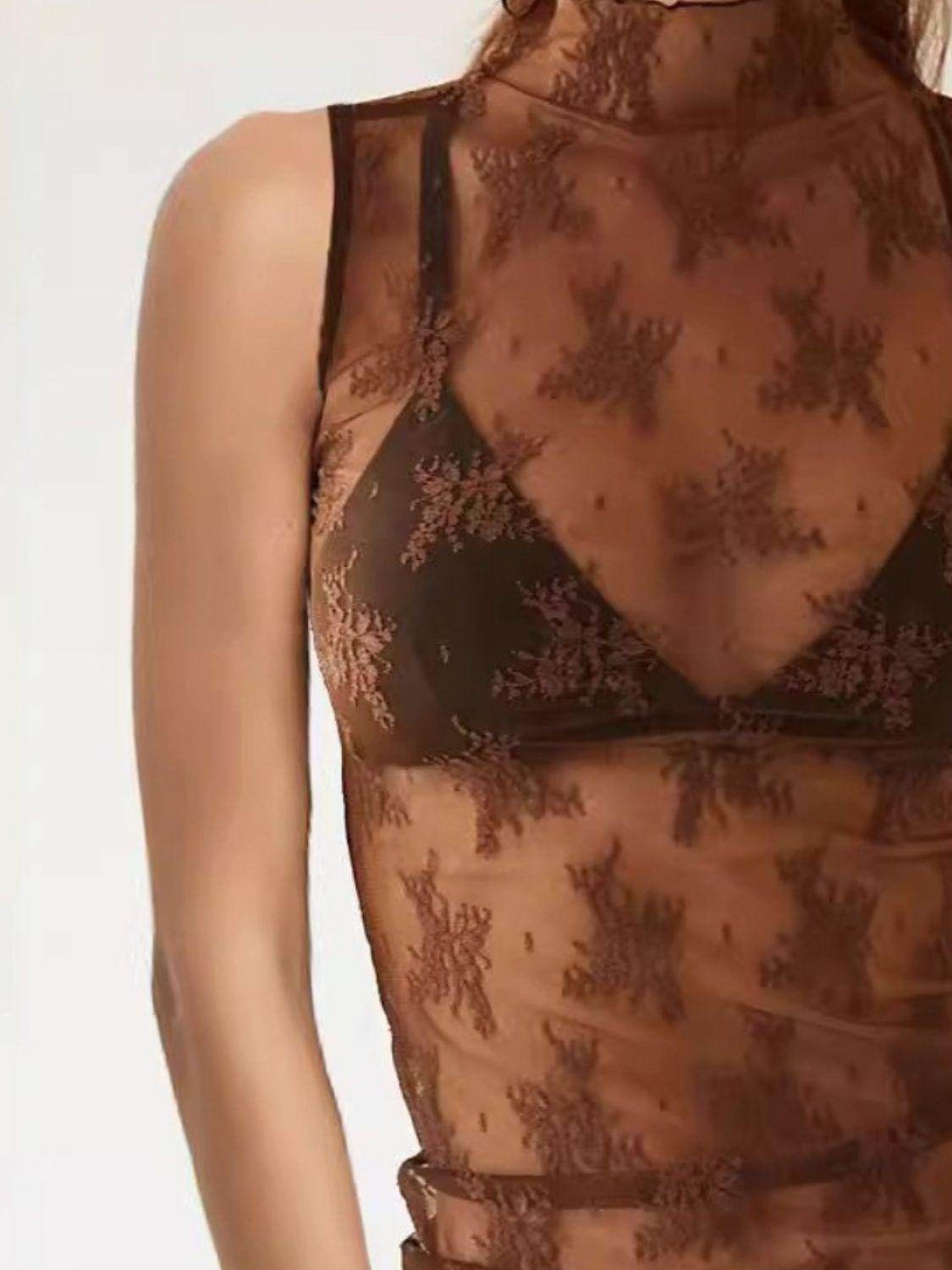 Lace Mock Neck Top for Women in Sheer Polyester Style - Selvanelle