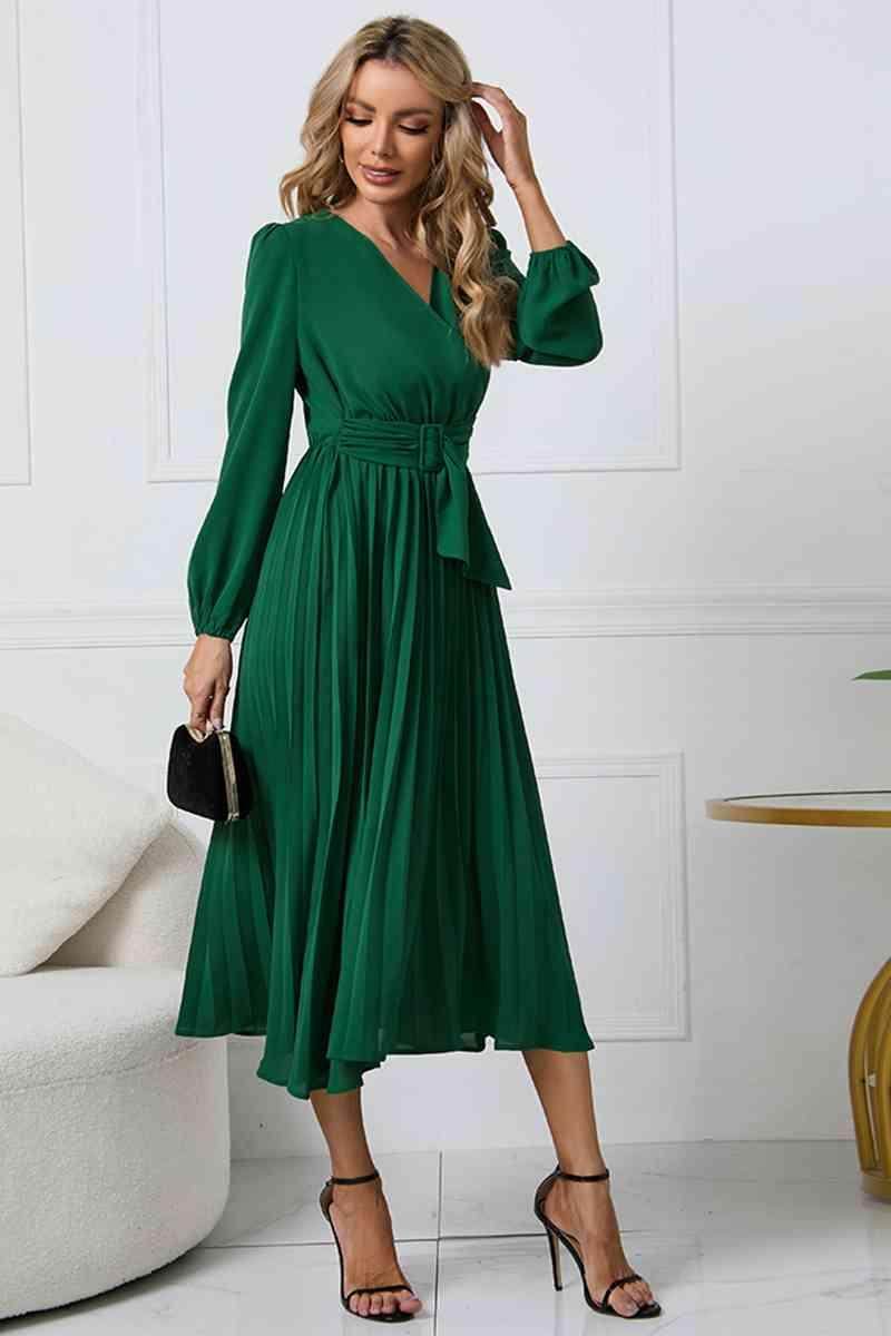 V-Neck Long Sleeve Tie Waist Midi Dress for Women - Selvanelle