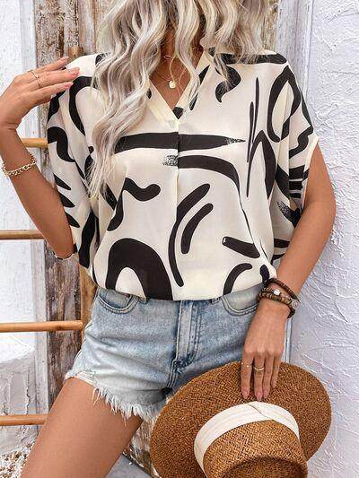Perfee Printed Notched Half Sleeve Blouse for Women - Selvanelle
