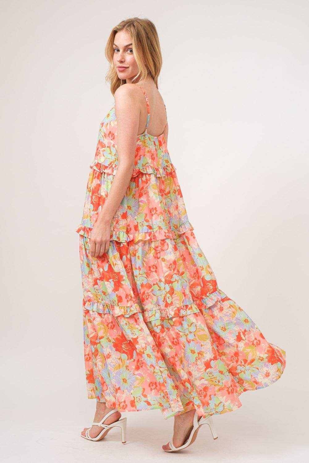 And The Why Floral Ruffled Tiered Maxi Adjustable Strap Cami Dress - Selvanelle