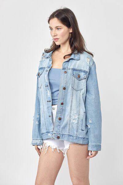 RISEN Full Size Distressed Long Sleeve Denim Jacket Plus Size - Selvanelle