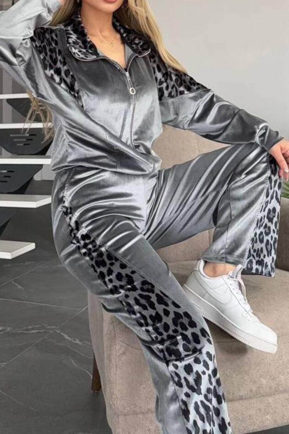 Full Size Collared Neck Leopard Zip Up Top and Pants Set Plus Size - Selvanelle