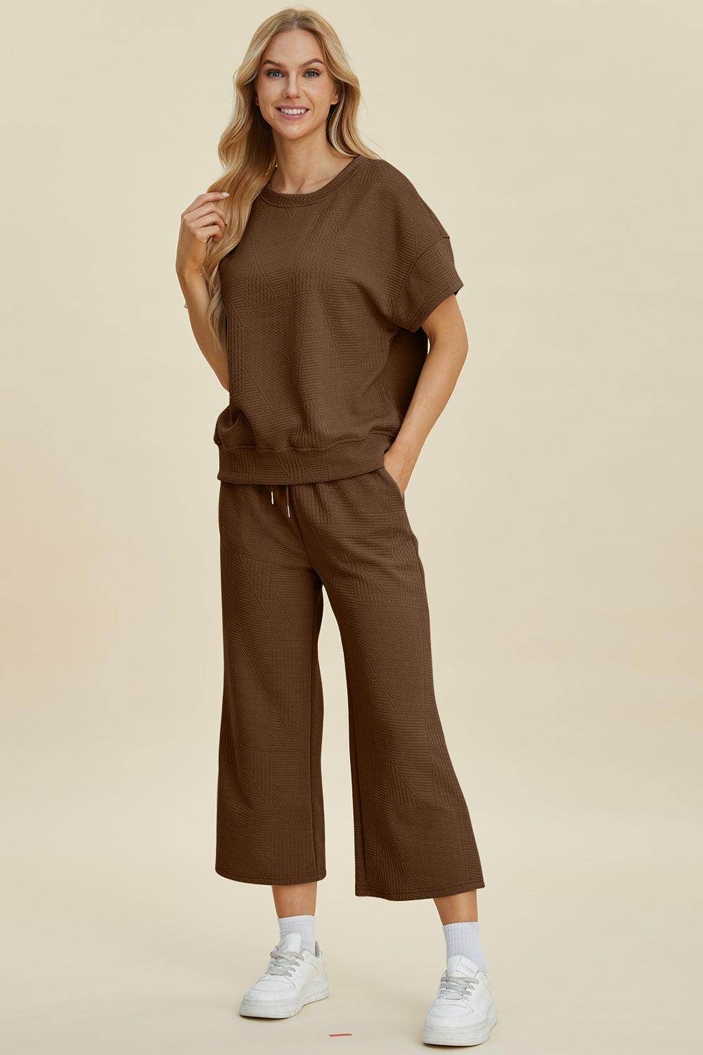 Double Take Full Size Texture Round Neck Top and Pants Set - Selvanelle