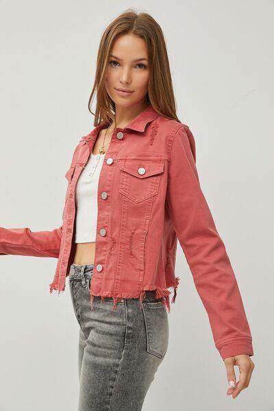 RISEN Full Size Raw Hem Button Up Cropped Denim Jacket Plus Size - Selvanelle