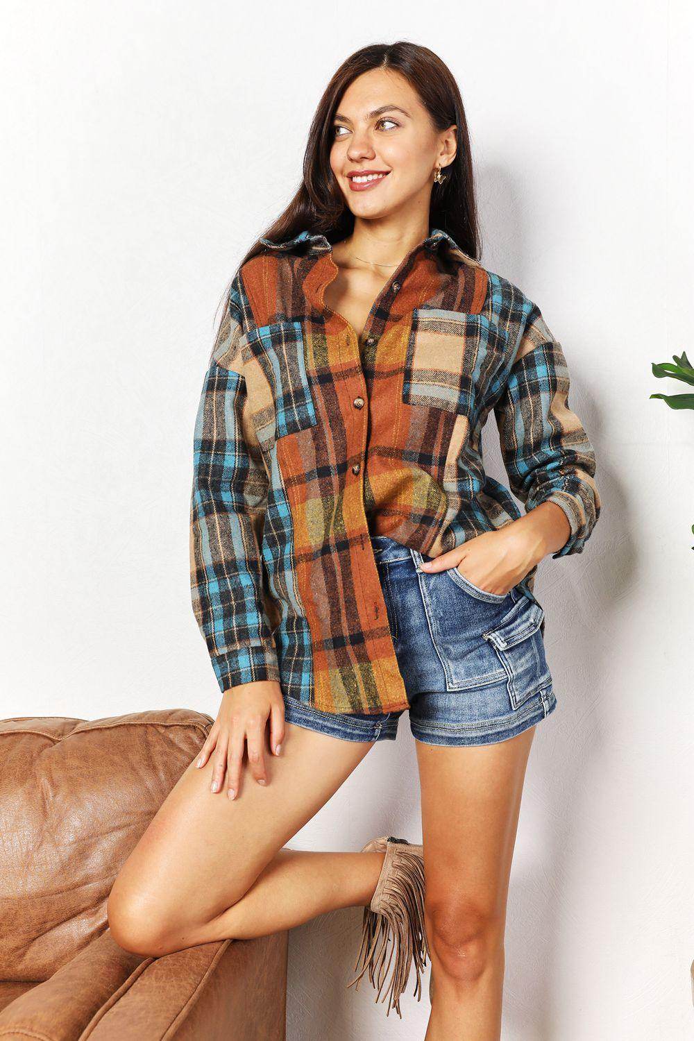 Double Take Plaid Curved Hem Shirt Jacket with Breast Pockets - Selvanelle