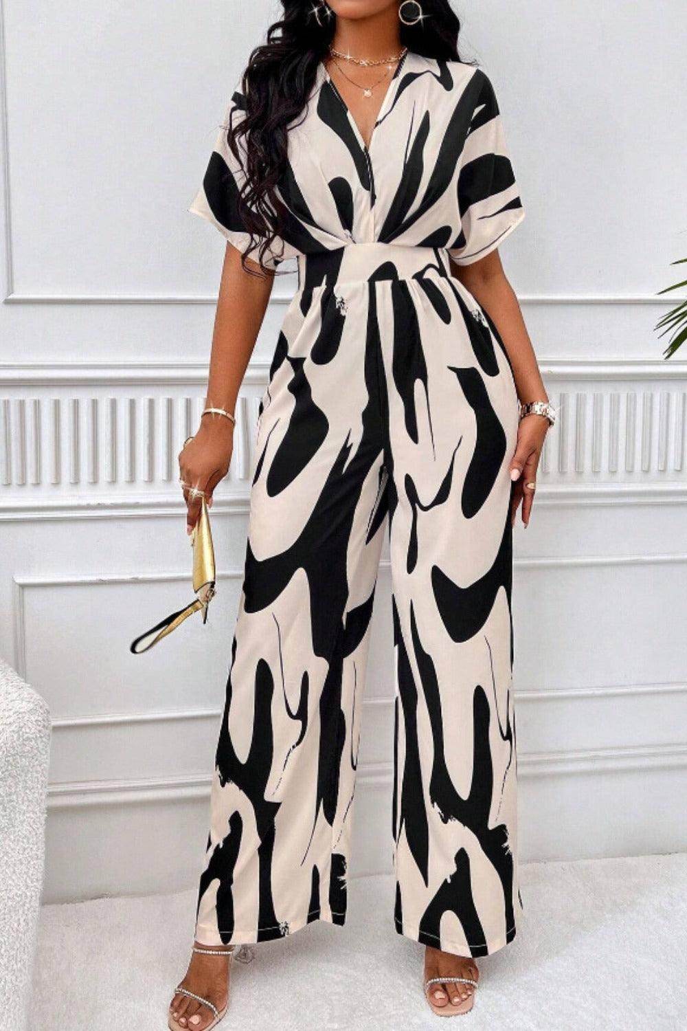 Printed V-Neck Short Sleeve Wide Leg Jumpsuit for Women - Selvanelle