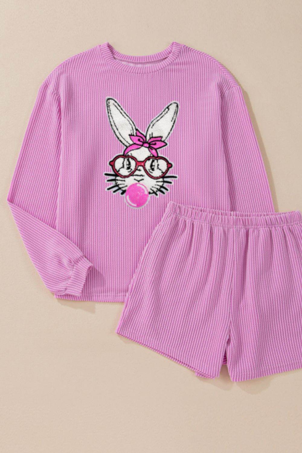Bubble Gum Rabbit Sequin Corded Rib Top and Shorts Set - Selvanelle