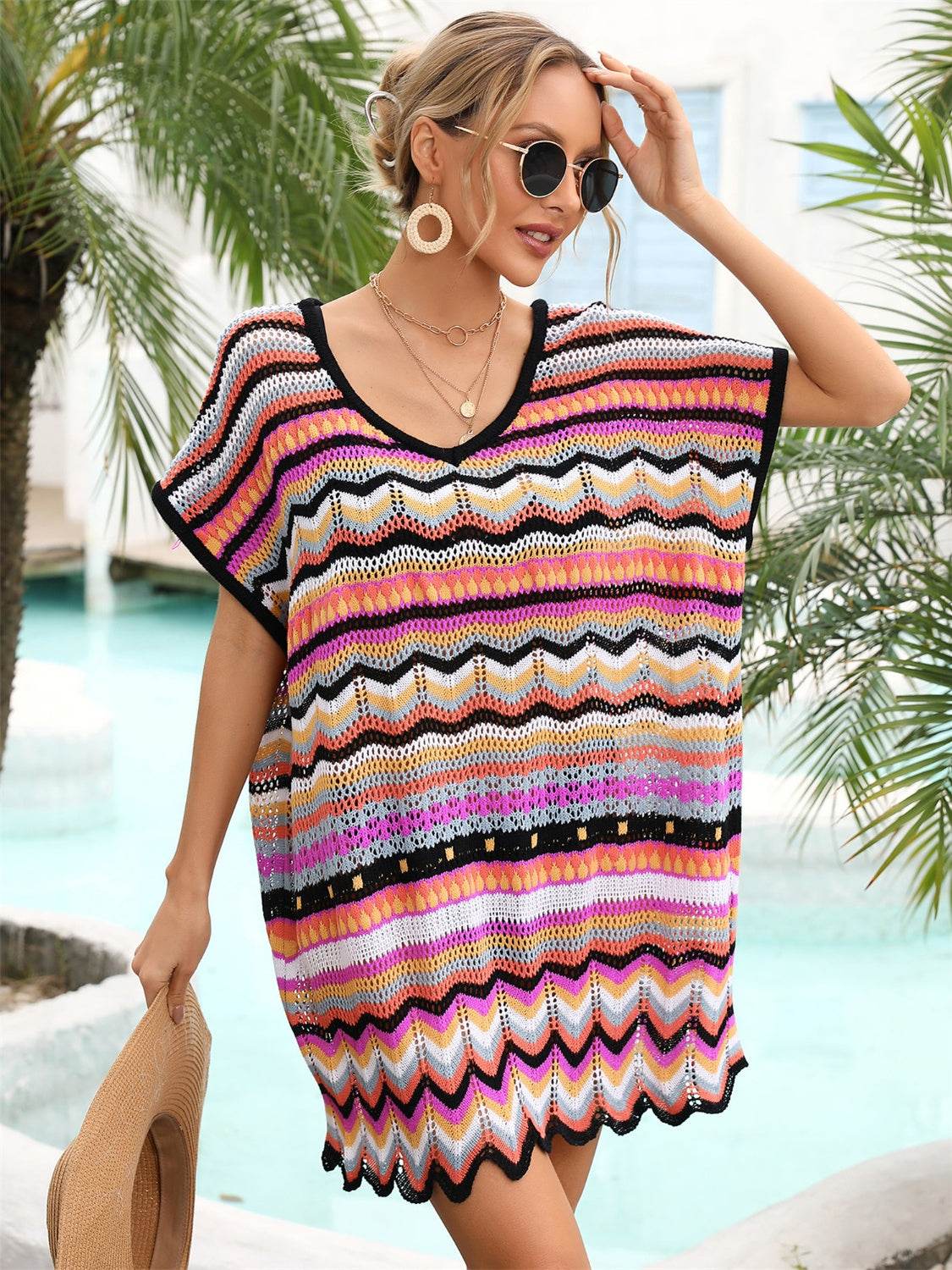 Angel Wings Rainbow Stripe Scalloped V-Neck Cover-Up Dress - Selvanelle