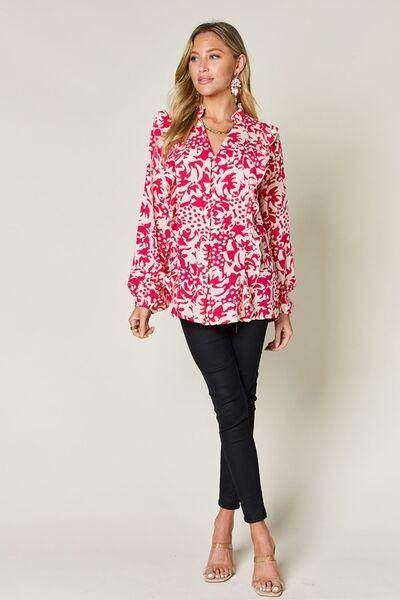 Double Take Full Size Printed Ruffle Trim Balloon Sleeve Shirt - Selvanelle