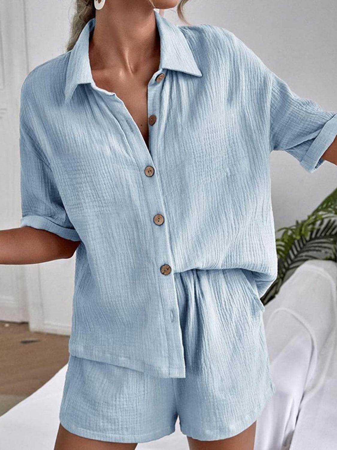 Button Up Short Sleeve Top and Shorts Set for Women - Selvanelle