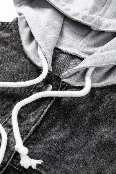 Distressed Drawstring Long Sleeve Hooded Denim Jacket for Women - Selvanelle