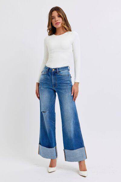 Judy Blue Full Size Distressed High Waist Wide Leg Jeans - Selvanelle