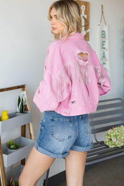 Veveret Fringe Distressed Button Up Denim Jacket for Women - Selvanelle