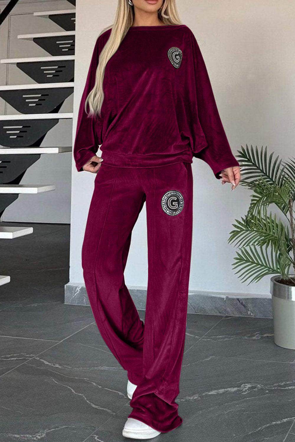 Full Size Boat Neck Long Sleeve Top and Pants Set Outfit - Selvanelle
