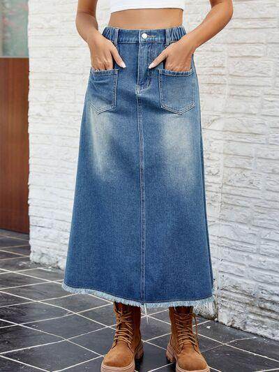 Raw Hem Buttoned Denim Skirt with Pockets for Women - Selvanelle