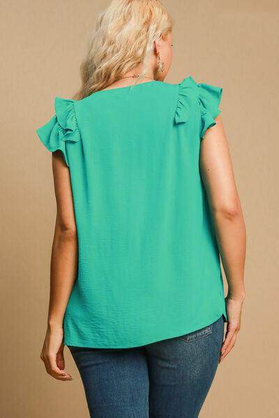 Umgee Full Size V-Neck Double Layered Ruffle Sleeve Blouse Plus Size - Selvanelle
