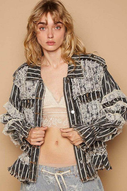 POL Raw Hem Lace Patch Flounce Sleeve Jacket for Women - Selvanelle