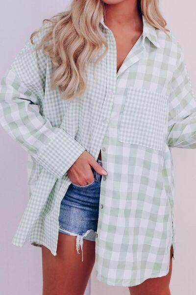 Pocketed Plaid Collared Neck Long Sleeve Shirt for Women - Selvanelle