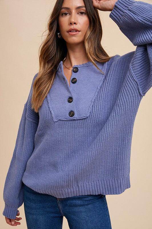 Annie Wear Half Button Ribbed Hem Sweater for Women - Selvanelle