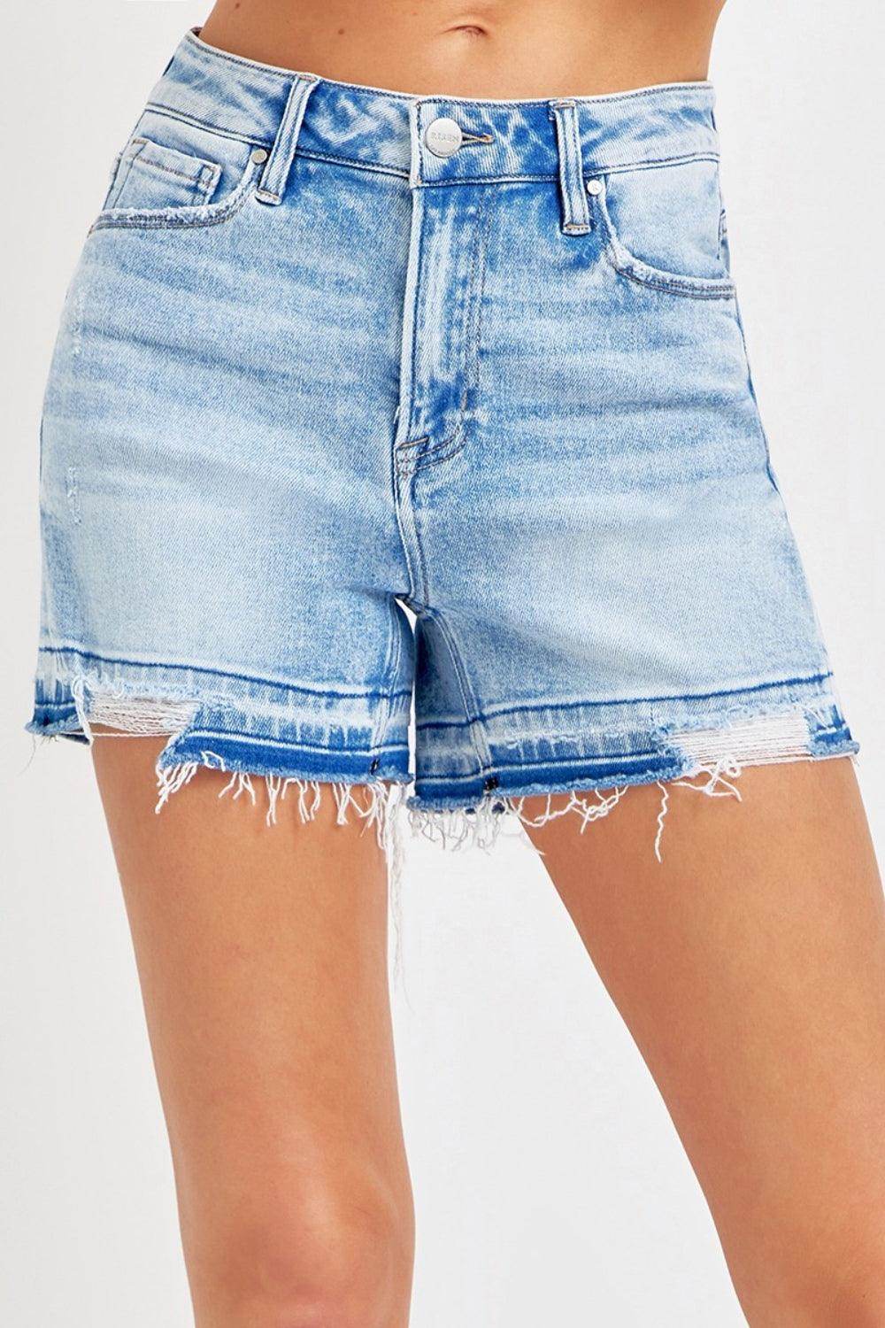 RISEN High Rise Distressed Hem Denim Shorts for Women - Selvanelle