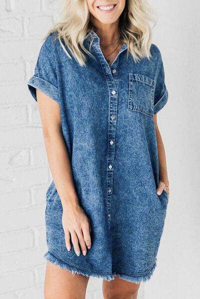 Raw Hem Pocketed Cap Sleeve Denim Dress for Women - Selvanelle