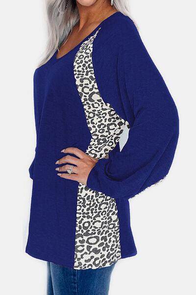 Full Size Leopard V-Neck Long Sleeve T-Shirt for Women - Selvanelle