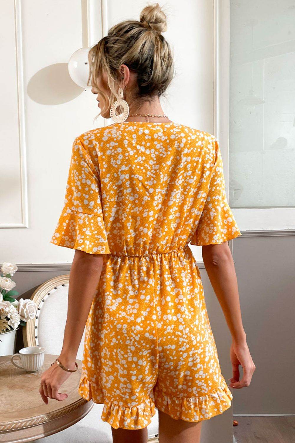 Shiny Printed Surplice Neck Ruffled Romper - Selvanelle