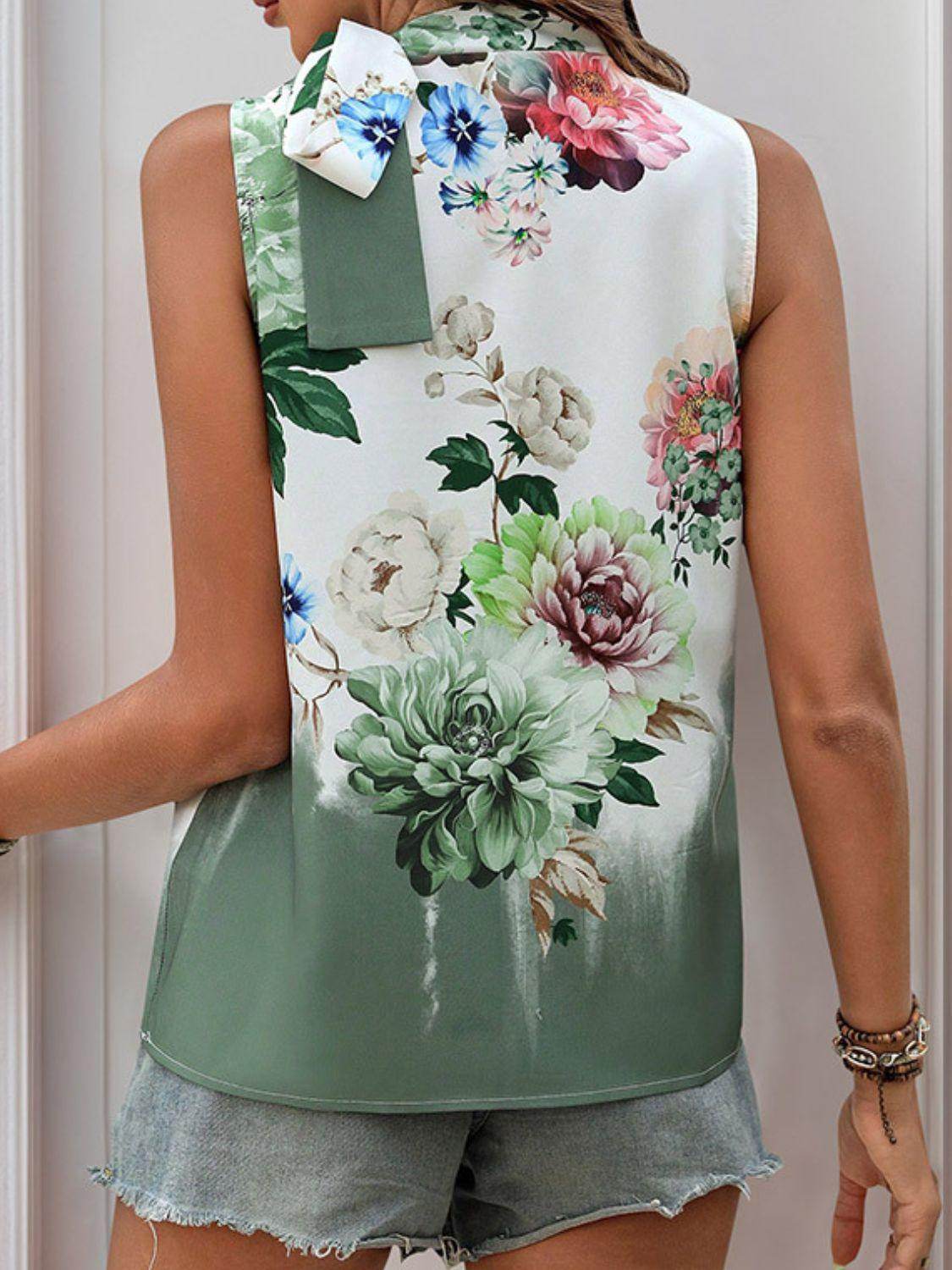 Tied Flower Printed Mock Neck Top for Women - Stylish Design - Selvanelle
