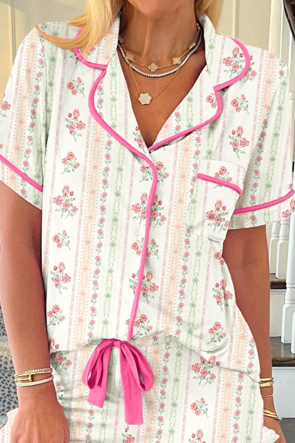 Printed Button Up Short Sleeve Top and Shorts Lounge Set - Selvanelle