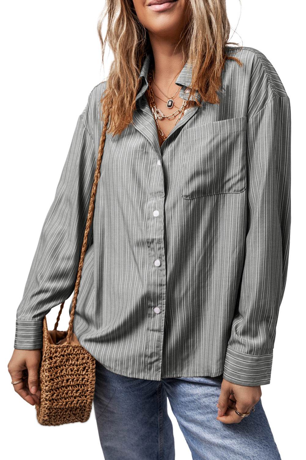 Striped Button Up Long Sleeve Shirt - Selvanelle