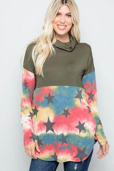 Celeste Full Size Tie-Dye Star Print Long Sleeve Blouse - Selvanelle