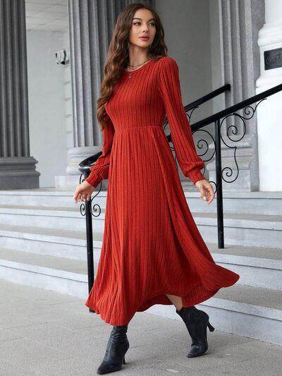 Ribbed Round Neck Long Sleeve Dress for Effortless Style - Selvanelle