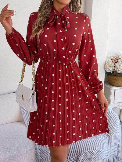 Polka Dot Tie Neck Pleated Dress for Stylish Occasions - Selvanelle