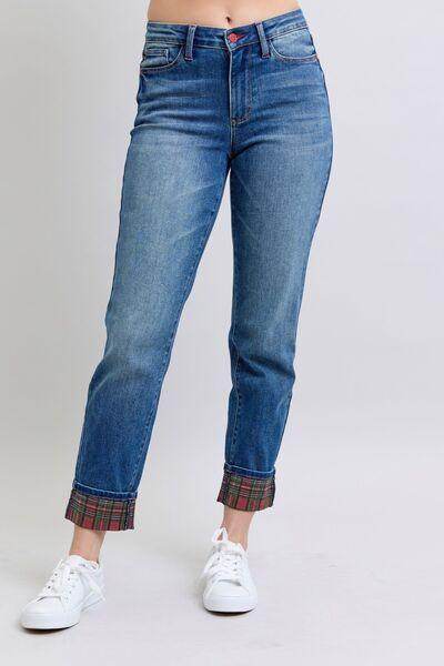 Judy Blue Full Size Plaid Print Cuff Straight Leg Jeans - Selvanelle