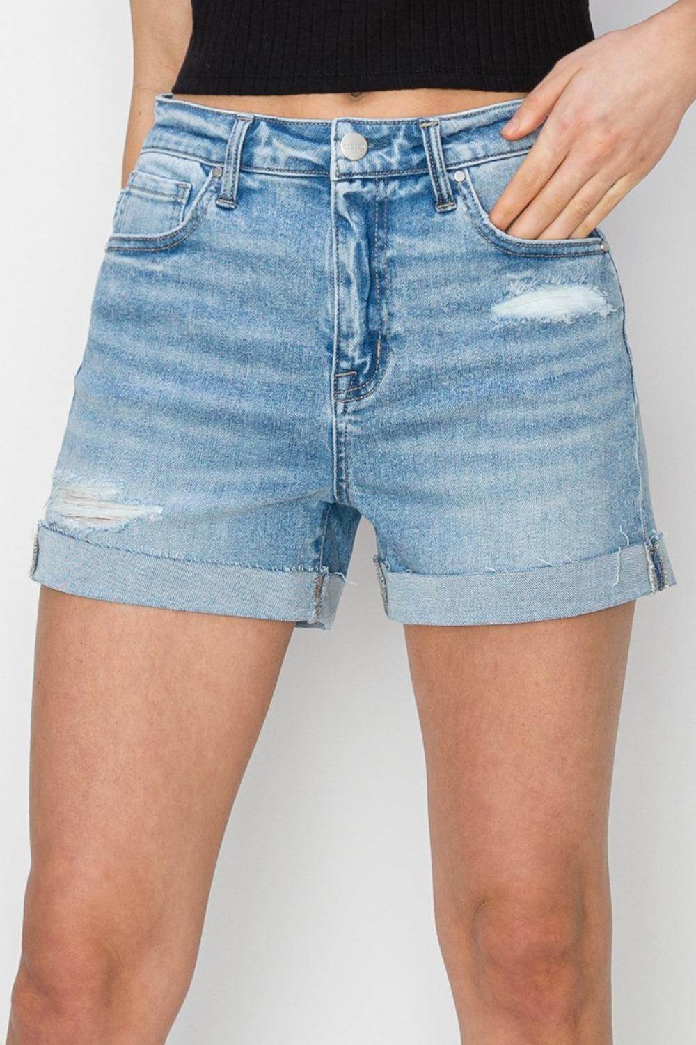 RISEN Distressed Mid-Rise Waist Denim Shorts for Women - Selvanelle