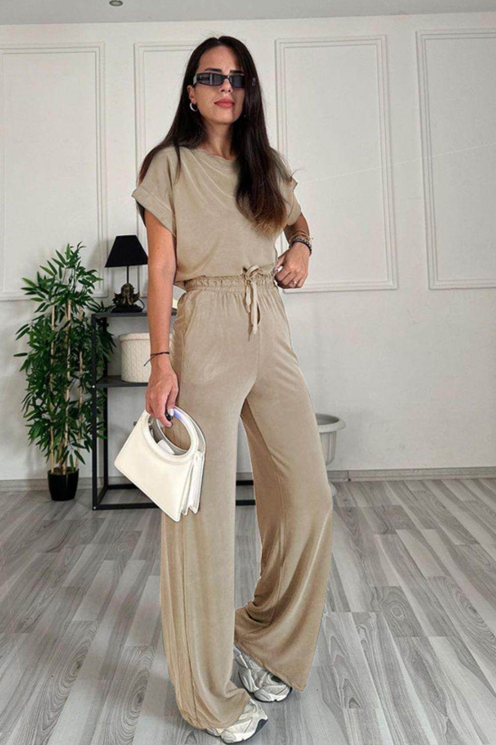 Round Neck Short Sleeve Top and Drawstring Pants Set for Women - Selvanelle