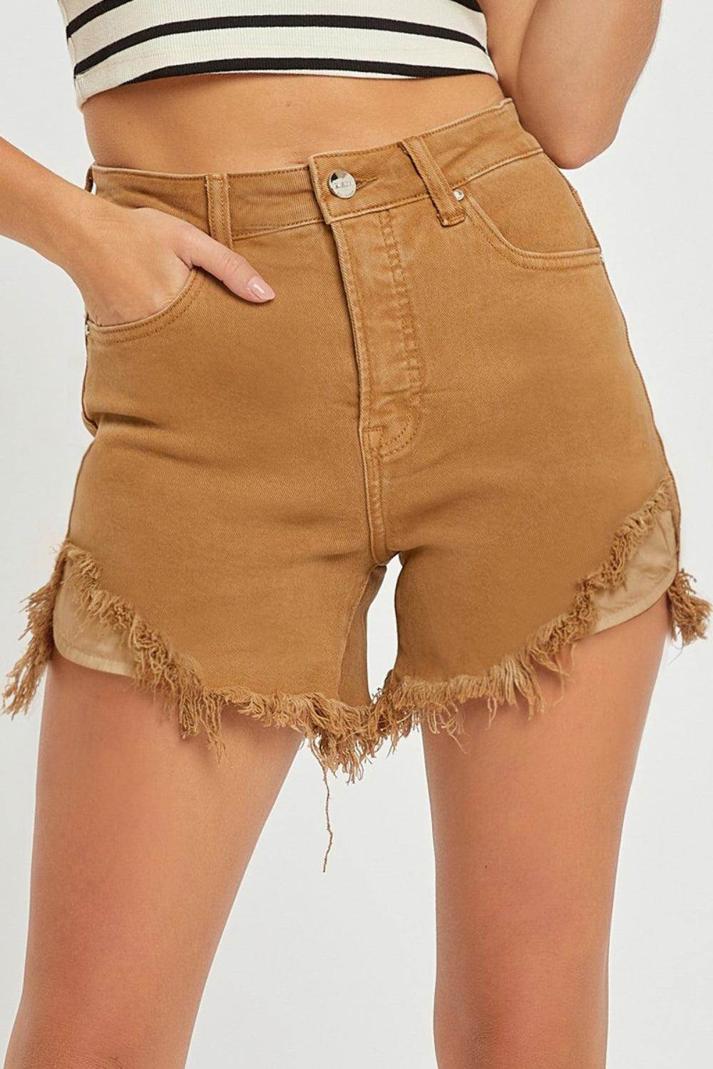 RISEN High Waist Frayed Hem Denim Shorts for Women - Selvanelle
