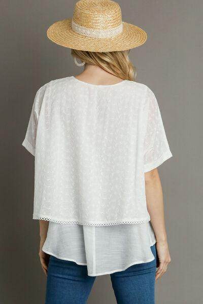 Umgee Full Size Eyelet Layered Short Sleeve Blouse Plus Size - Selvanelle