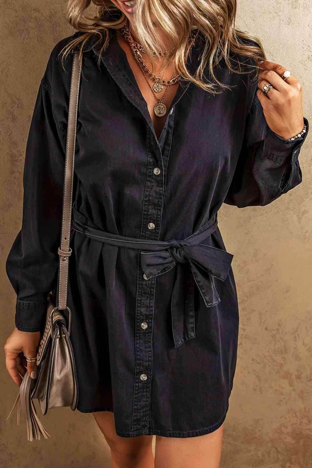Button Up Collared Neck Denim Dress for Women Stylish Fit - Selvanelle