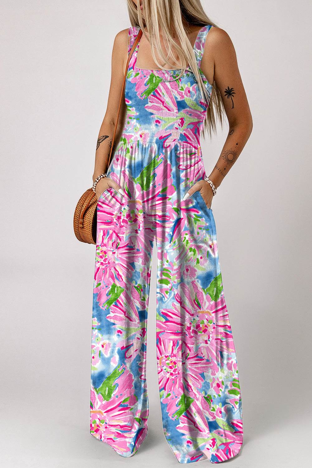 Floral Smocked Square Neck Jumpsuit with Pockets - Selvanelle